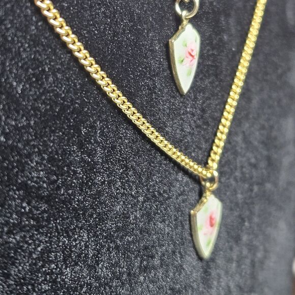 Vintage Emmons Gold Tone Guilloche Enamel Shield Charm Necklace & Bracelet Set - Picture 7 of 15